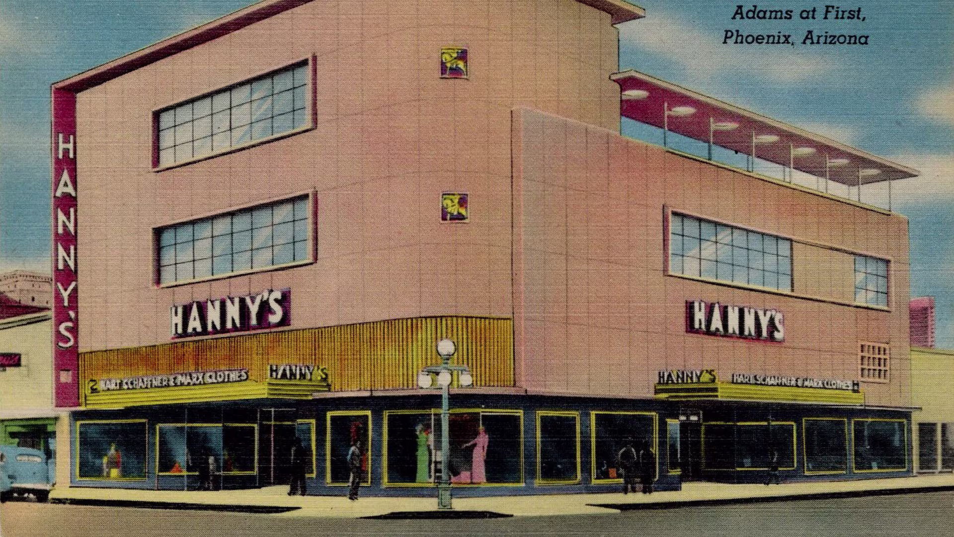 Vintage building with large windows displaying mannequins, labeled 'Hanny's' clothing store in Phoenix, Arizona.